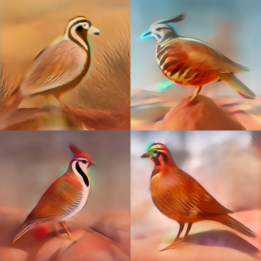 2x2 square images of a chukar partridge in its natural desert habitat. These images, intermediate stages in the rendering of the final images, are blurred and look somewhat like watercolors.