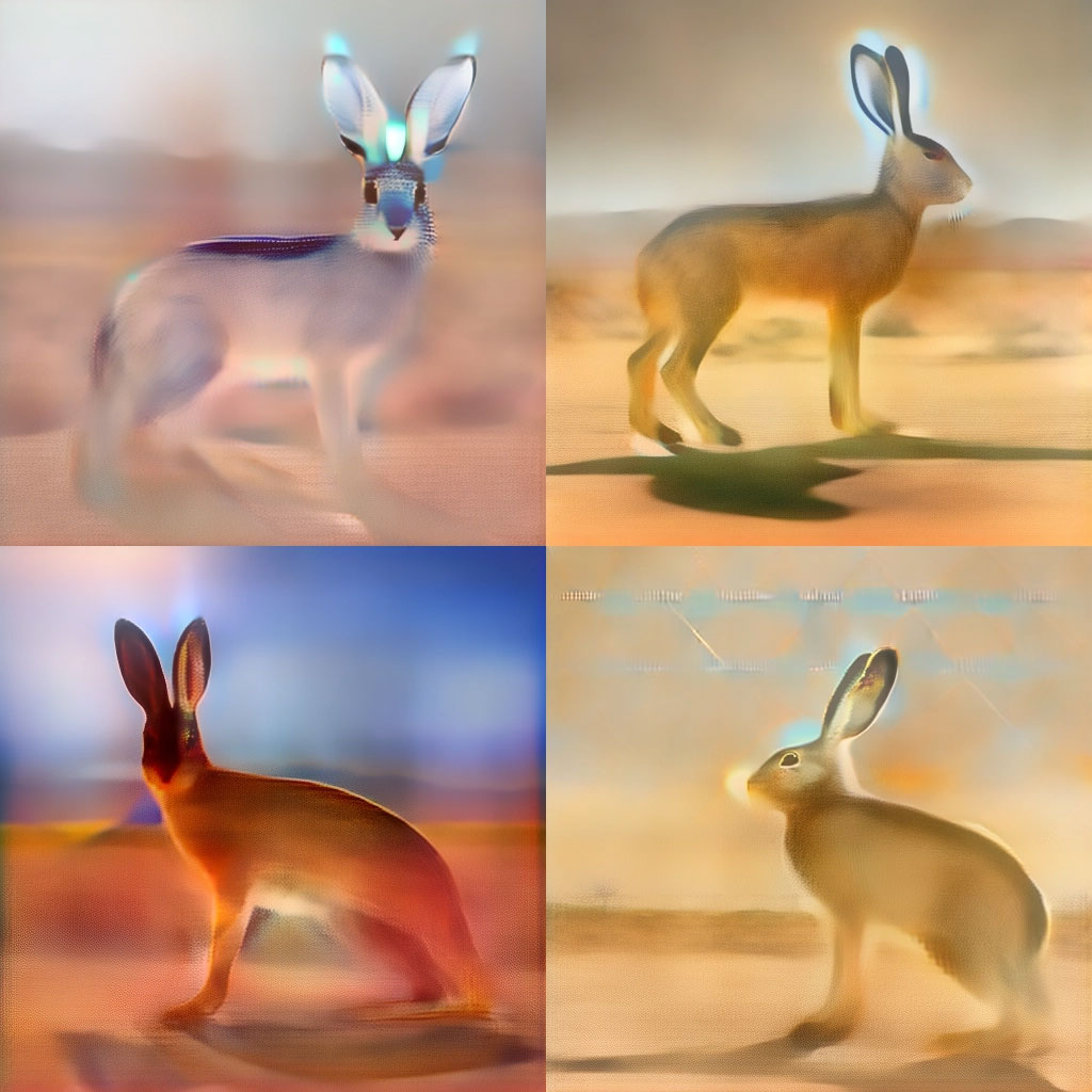 2x2 square images of a black-tailed jackrabbit in its natural desert habitat. These images, intermediate stages in the rendering of the final images, are blurred and look somewhat like watercolors.