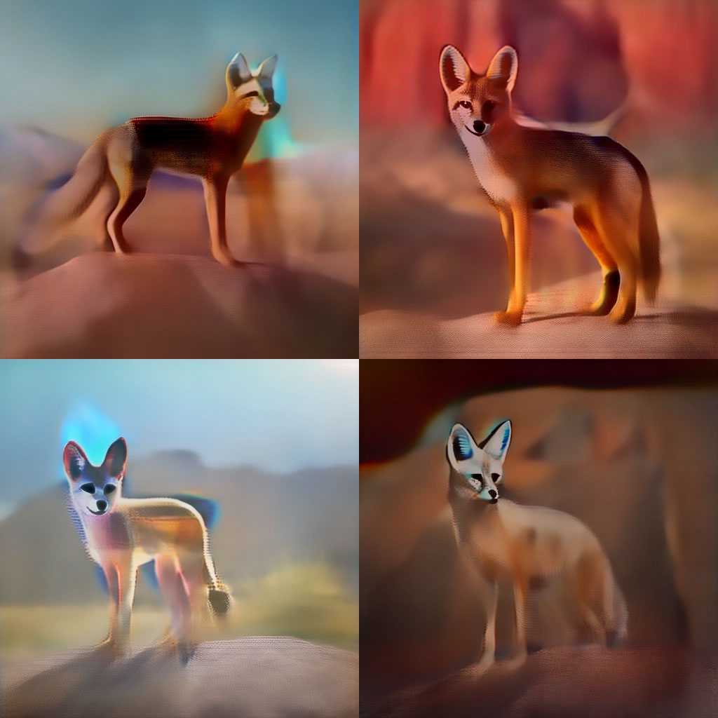 2x2 square images of a kit fox in its natural desert habitat. These images, intermediate stages in the rendering of the final images, are blurred and look somewhat like watercolors.