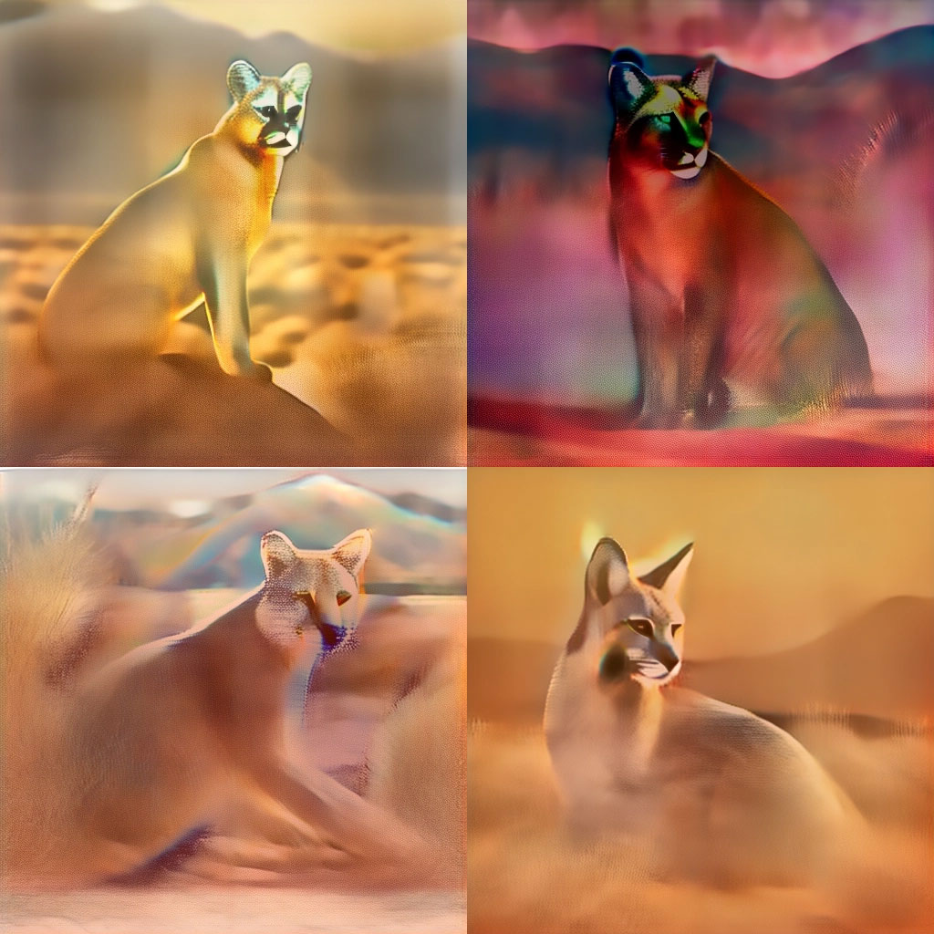 2x2 square images of a mountain lion in its natural desert habitat. These images, intermediate stages in the rendering of the final images, are blurred and look somewhat like watercolors.