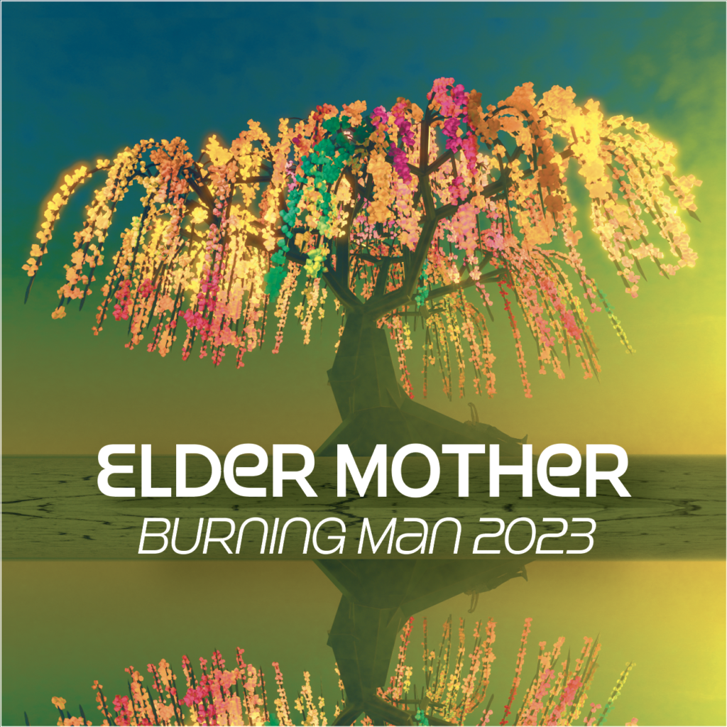 A square design. Background is a computer-generated mockup of massive tree with colorful lights coming off it; green background. The image is reflected on itself in the lower third of the  square.

All-caps white type in the bottom third of the square, over the seam between the top art and its reflection: "ELDER MOTHER / BURNING MAN 2023."