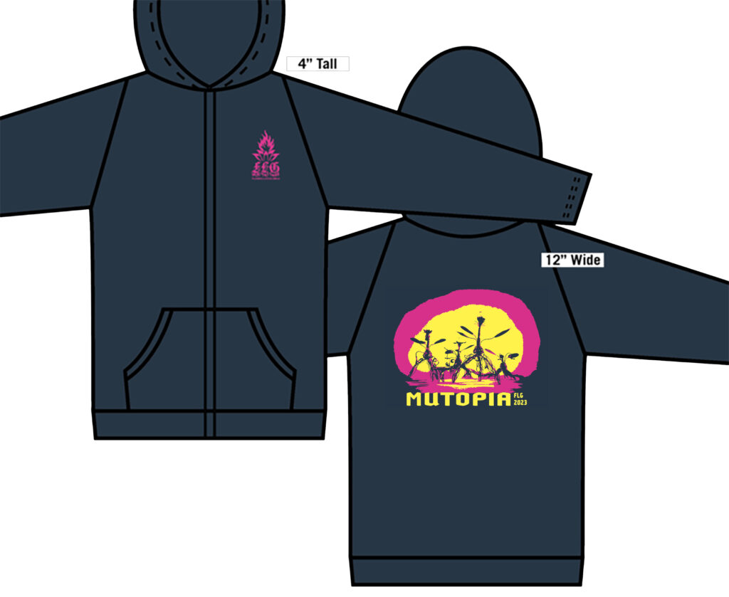 Stylized drawing of the front and back of a dark blue hoodie. The front has "FLG" with a flame symbol above it, both in bright pink. The back has the "Mutopia" design described previously: an inner yellow halo with an outer pink halo, and sketched plant-creatures showing through blue.