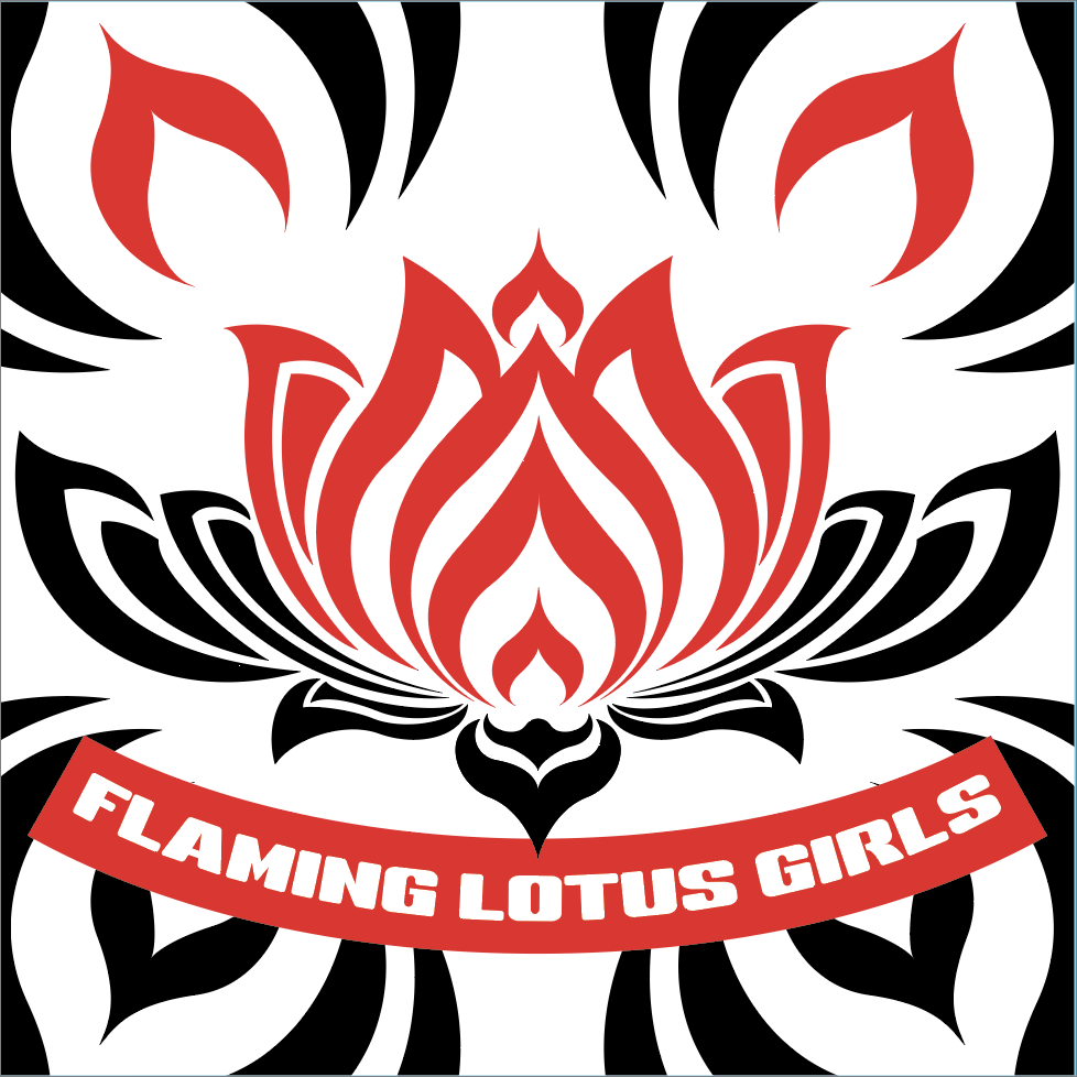 A white square with a stylized lotus: the petals look like flames. The inner petals are red and the outer ones are black. The lotus is at the center of more stylized flames, black except for two red ones above the lotus on either side. Below the lotus there's an upward-curving red bar with "FLAMING LOTUS GIRLS" in white.