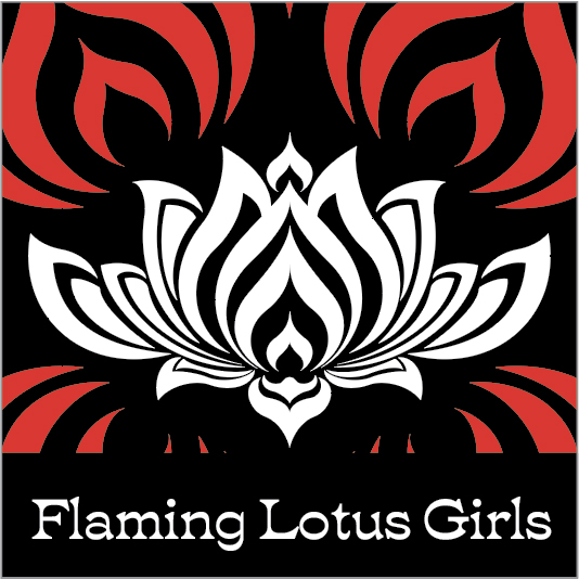 A square designs to be used as a sticker. All designs use a vector image of a lotus with petals that also look like flames. Additional artwork that looks like flames has been added back in from the original illustration.

A: Striking black sticker with red flames; the lotus is all white; black bar at the bottom; "Flaming Lotus Girls" type in white.