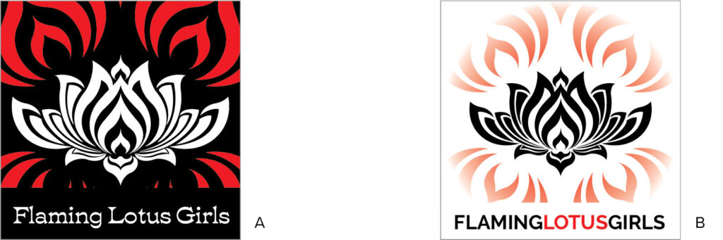 2 square designs to be used as stickers. All designs use a vector image of a lotus with petals that also look like flames. Additional artwork that looks like flames has been added.

A: Striking black sticker with red flames; the lotus is all white; black bar at the bottom; "Flaming Lotus Girls" type in white.

B: White sticker with pale red flames in all 4 corners partially blocked out by a radial gradient; gradient is white at edge and transparent at the center; the lotus is all black; white bar at bottom; "FLAMING LOTUS GIRLS" in all caps at the bottom edge.