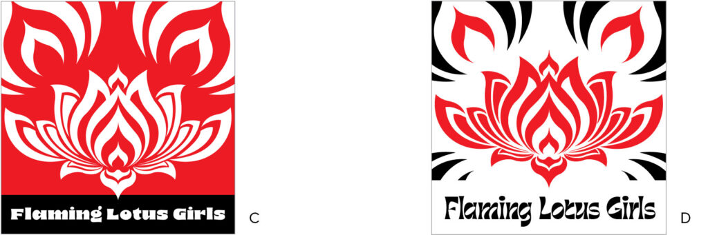 2 square designs to be used as stickers. All designs use a vector image of a lotus with petals that also look like flames. Additional artwork that looks like flames has been added.

C: Red sticker with white flames; the lotus is all white; black bar at bottom with "Flaming Lotus Girls" in white.

D: White sticker with black and red flames; the lotus is all red; white bar at bottom with "Flaming Lotus Girls in funky black type.
