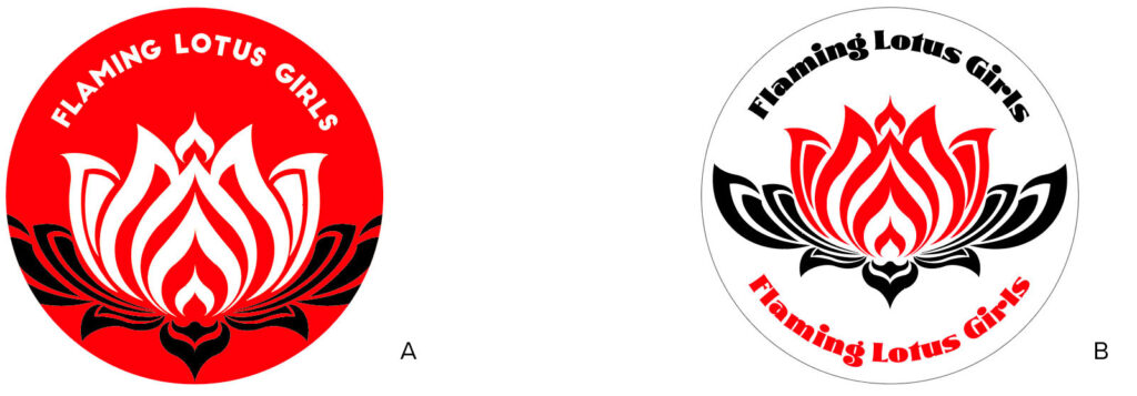 2 round designs to be used as stickers. All designs use a vector image of a lotus with petals that also look like flames.

A: Red sticker with large lotus centered and bleeding off the bottom and side edges; inner petals are white and outer petals are black; "FLAMING LOTUS GIRLS," all caps and in white, is curved at the top third of the edge.

B: White sticker; lotus centered with red inner petals and and black outer petals; "Flaming Lotus Girls" in black funky type curves above the lotus; same type in red curves below it.