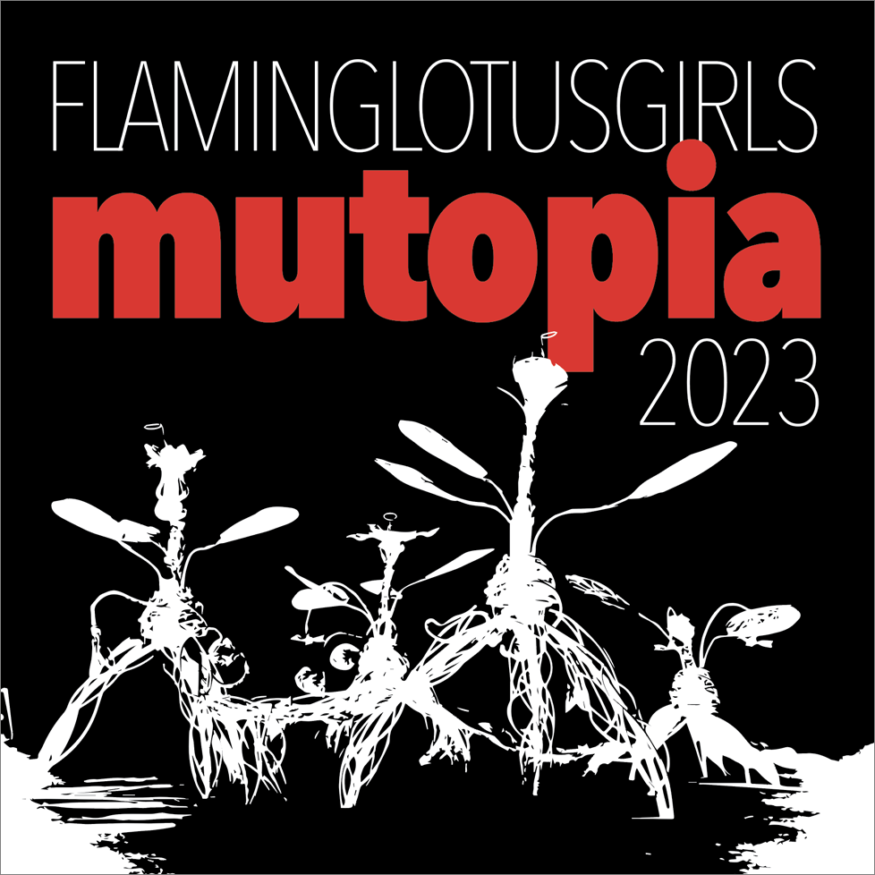 The square sticker has a black background. The sketches of the skeletal plant-creatures are in white in the lower half of the sticker. "FLAMINGLOTUSGIRLS," all caps, run together, is in a very thin typeface in white, at the top. Below that is "mutopia," all lower-case, in bold red type. "2023" is below that on the extreme right, between the descender of the "p" and the right-hand margin. It's in the same very thin typeface as the top type, in white.