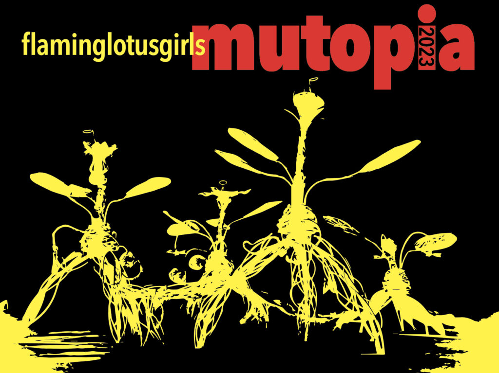 Mutopia sticker: against a black background are skeletal sketches of four mysterious tripod creatures or plants, in yellow. At the top left is "flaminglotusgirls" run together, all lower-case, in yellow; the text overlaps "mutopia," also all lower-case, in bold red.