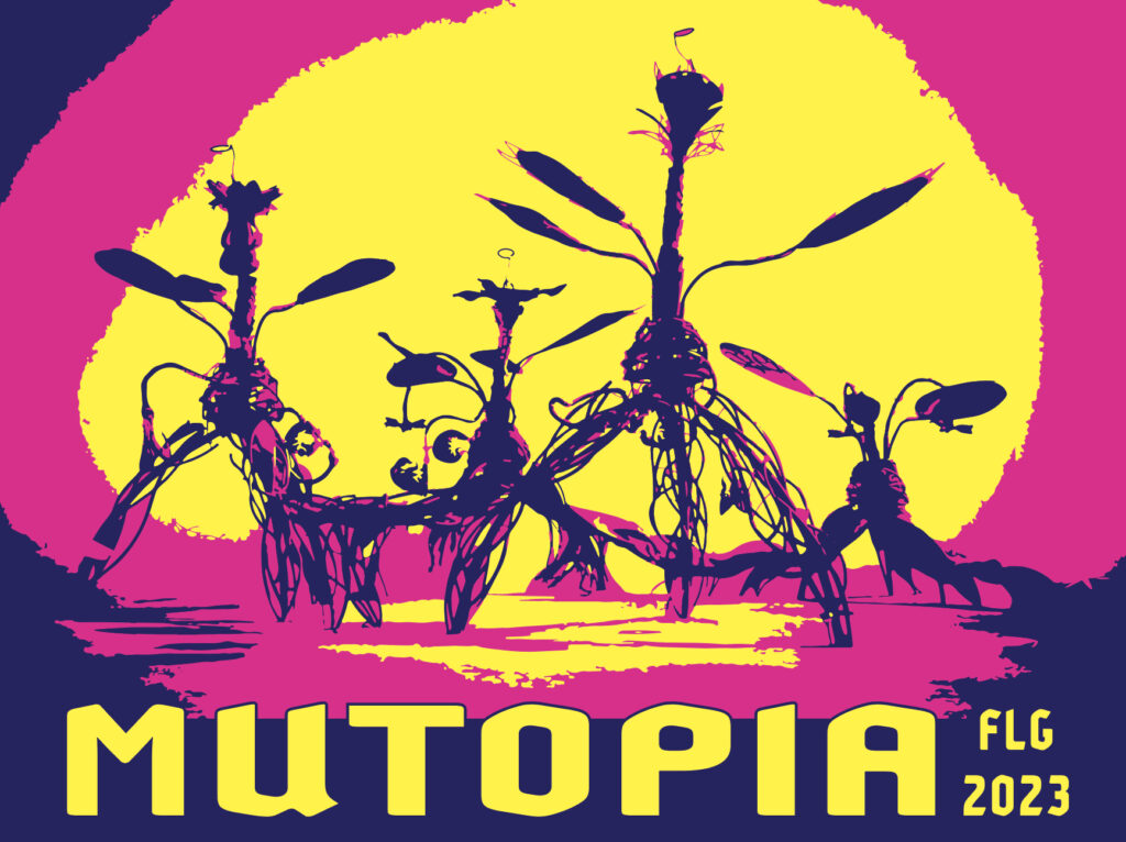 Mutopia sticker: in the center are dark blue, skeletal sketches of four mysterious tripod creatures or plants. They have an immediate yellow halo and a magenta halo further out. "MUTOPIA" is in large yellow type across the bottom, with "FLG/2023" in small yellow type next to it. Based on a photo ©Scott London. 