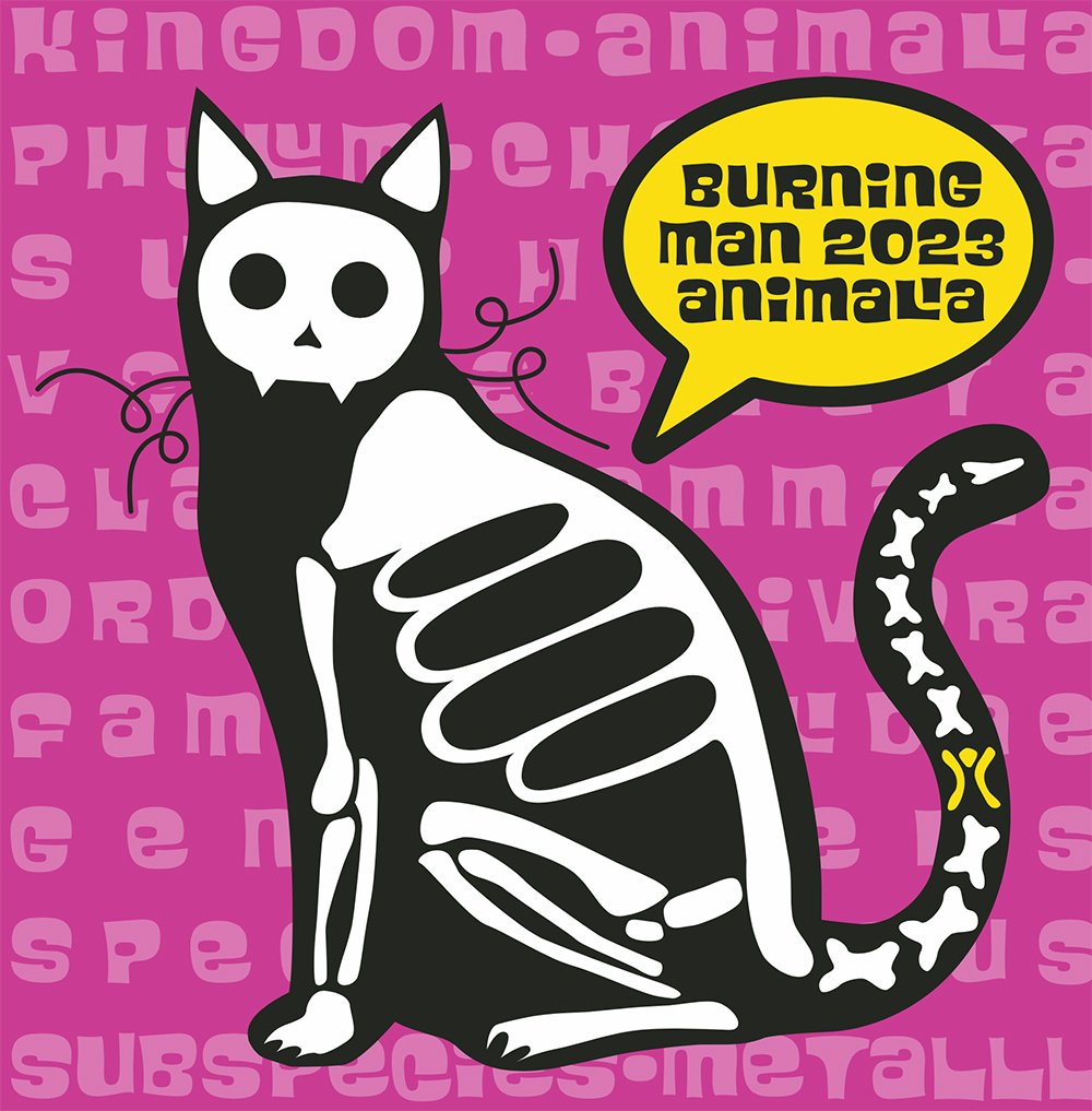 Bright pink square sticker design with pale pink writing in a funky 1960s typeface, detailing the taxonomy of a domestic cat with an attitude: Kingdom - Animalia, Phylum - Chordata, Subphylum - Vertebrata, Class - Mammalia Order - Carnivora, Family - Felidae, Genus - Felis, Species - Catus, Subspecies – METALLL. Over that is an illustration of a stylized black cat outline and white skeleton. One "bone" in the tail is a stylized version of the Burning Man "Man" symbol, in yellow. A speech bubble with a thick black outline and yellow background says "Burning / Man 2023 / Animalia" in the same funky type, in black.