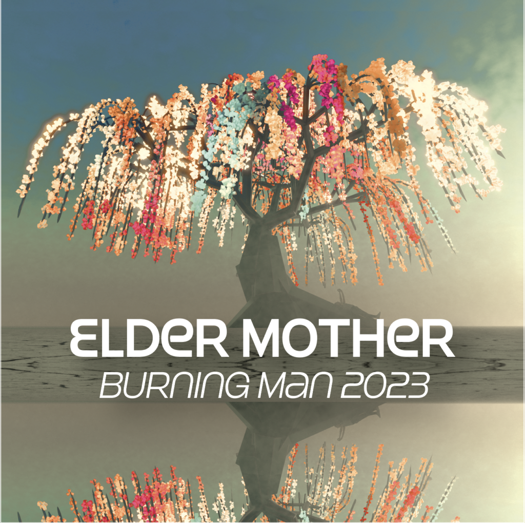 Design series "C." A square design. Background is a computer-generated mockup of massive tree with pastel lights coming off it; subtle blue and gray background. The image is reflected on itself in the lower third of the  square.

This design was selected for print. Smaller all-caps white type in the bottom third of the square, over the seam between the top art and its reflection: "ELDER MOTHER / BURNING MAN 2023."