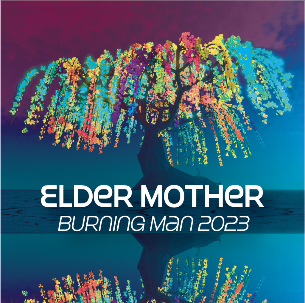 Design series "C." A square design. Background is a computer-generated mockup of massive tree with rainbow lights coming off it; magenta and cyan background. The image is reflected on itself in the lower third of the  square.

This design was selected for print as an alternate. Smaller all-caps white type in the bottom third of the square, over the seam between the top art and its reflection: "ELDER MOTHER / BURNING MAN 2023."