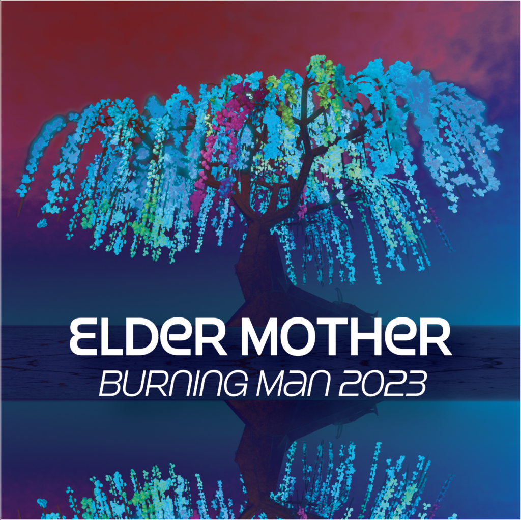 Design series "C." A square design. Background is a computer-generated mockup of massive tree with cyan lights coming off it; dark red and deep purple background. The image is reflected on itself in the lower third of the  square.

This design was selected for print as an alternate. Smaller all-caps white type in the bottom third of the square, over the seam between the top art and its reflection: "ELDER MOTHER / BURNING MAN 2023."