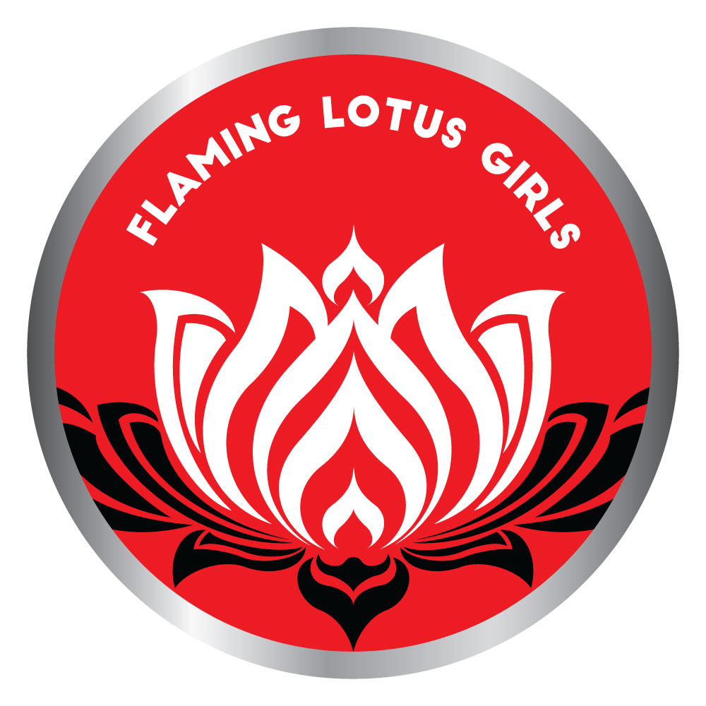 Round design to be used as embroidered patch. The design uses a vector image of a lotus with petals that also look like flames.

A: Red image with large lotus centered and bleeding off the bottom and side edges; inner petals are white and outer petals are black; "FLAMING LOTUS GIRLS," all caps and in white, is curved at the top third of the edge.