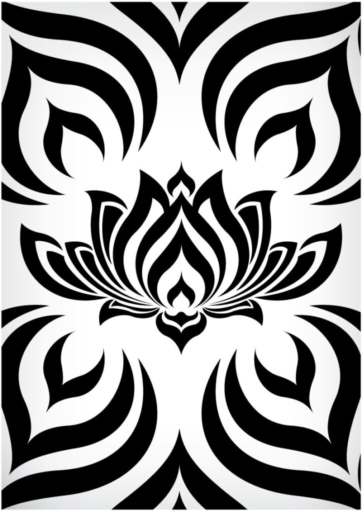 Black-and-white vector illustration of a lotus with petals reminiscent of flames, surrounded by flames reminiscent of petals.