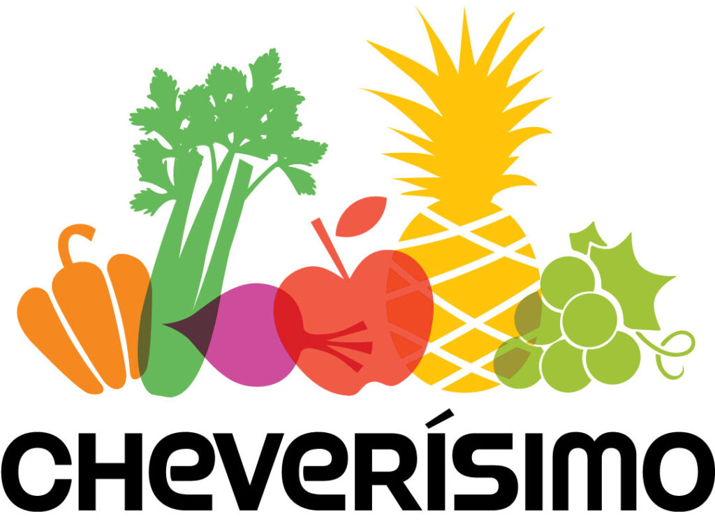 Cheverísimo logo. Flat fruit and vegetable shapes arranged partially overlapping horizontally, with Cheverísimo in black all caps below. From left to right: yellow-orange pepper, green celery, purple beet/ red apple, yellow pineapple, green grapes.