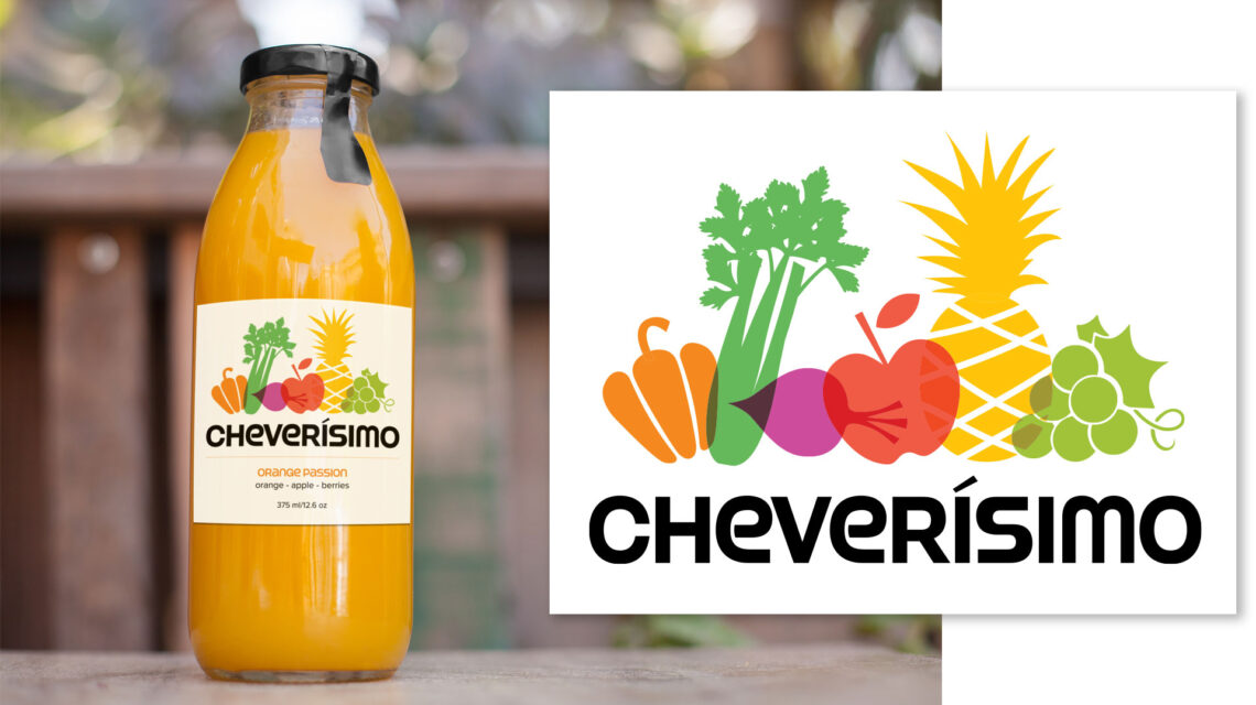 Cheverísimo label mockup and logo. Mockup: clear bottle is filled with opaque orange-yellow liquid. Label has the Cheverisimo logo on a white background; below that, "Orange Passion"; "orange - apple - berries"; 375 ml / 12.6 oz." Logo: Flat fruit and vegetable shapes arranged partially overlapping horizontally, with Cheverísimo in black all caps below. From left to right: yellow-orange pepper, green celery, purple beet/ red apple, yellow pineapple, green grapes.