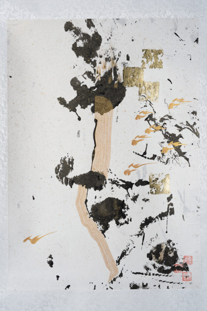 Paper has seemingly random black paint impressions. Scattered smears have been added in gold paint; squares have been added in gold leaf.