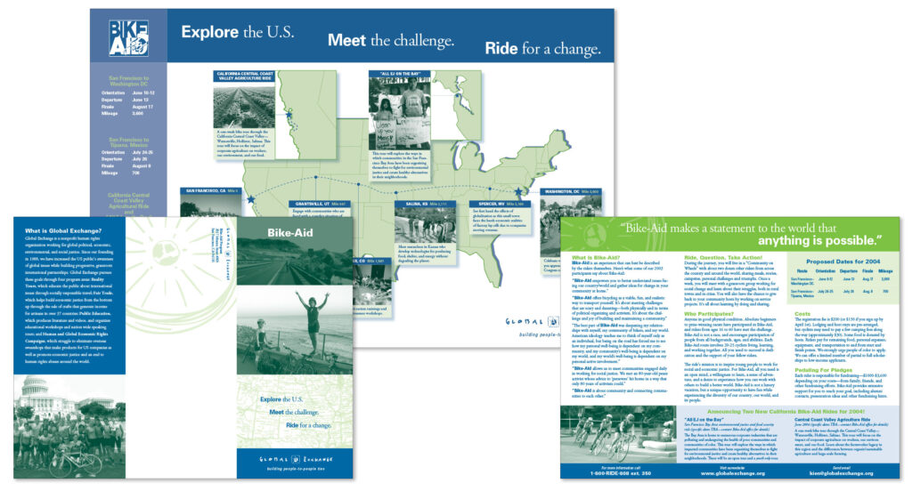 "Bike Aid" brochure - 3.67" x 8.5" tri-fold plus single-fold brochure unfolds to 11" x 17" map on other side. Document describes the program and details stops across the U.S.