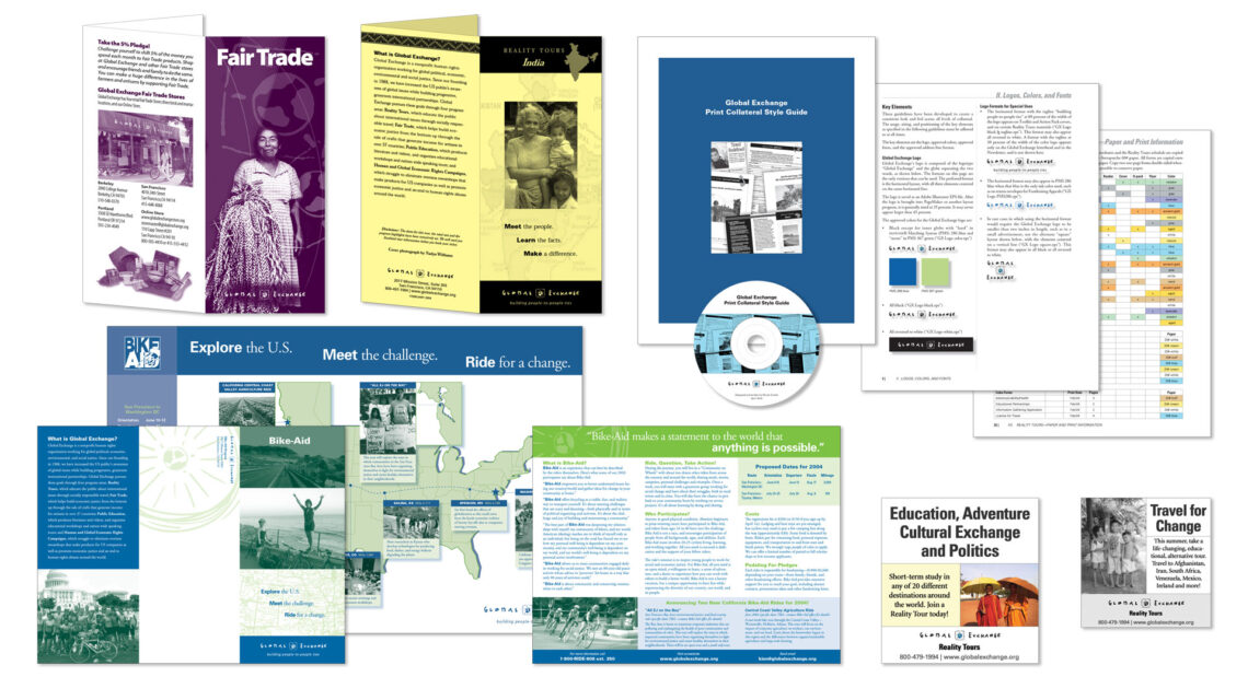 Collage of variety of collateral in bright colors: a purple-and-black tri-fold brochure, a bi-fold brochure on yellow paper, pages from a corporate style guide, an event brochure that folds out into a poster, and small ads in color and black-and-white.