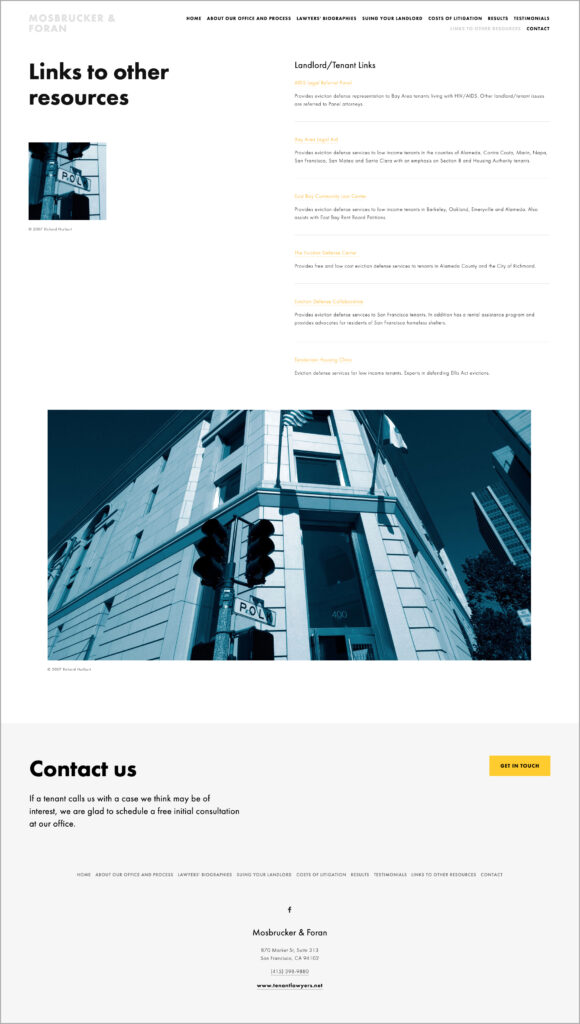 "Links to other resources" page. Across top: site title and navigation. Left column: page title; below that, blue/gray duotone square thumbnail photo of 400 McAllister St., San Francisco, location of the Civic Center Courthouse of the Superior Court of California. Right column: "Landlord/Tenant Links" subhead with long list of aid agencies' names and summaries of services. Names are linked to agencies' respective websites. Below that, full-width duotone photo of 400 McAllister photo. Footer, link to contact form page.