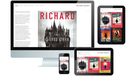 Mockups of website on desktop, tablet vertical, tablet horizontal and mobile. Desktop shows the site name and navigation in dark gray, surrounded by white space; lower down, in the center, a single book cover takes up the middle of the page; on the left is a dark gray headline and text in a single column. Tablets show dark gray website name and navigation surrounded by white space; below that are tiled brightly colored book covers. Mobile shows a dark gray hamburger menu and the site name, surrounded by white space; below that, part of a single book cover.