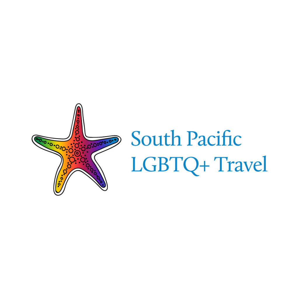 Logo version A-with type. On the left, a simple vector starfish shape in black, filled in with a rainbow gradient. To the right "South Pacific / LBGTQ+ Travel" in a classic serif typeface in turquoise blue.