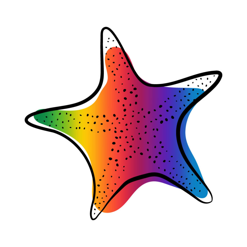 Logo version B-rainbow. Stylized vector starfish shape in black, filled in with a rainbow gradient.