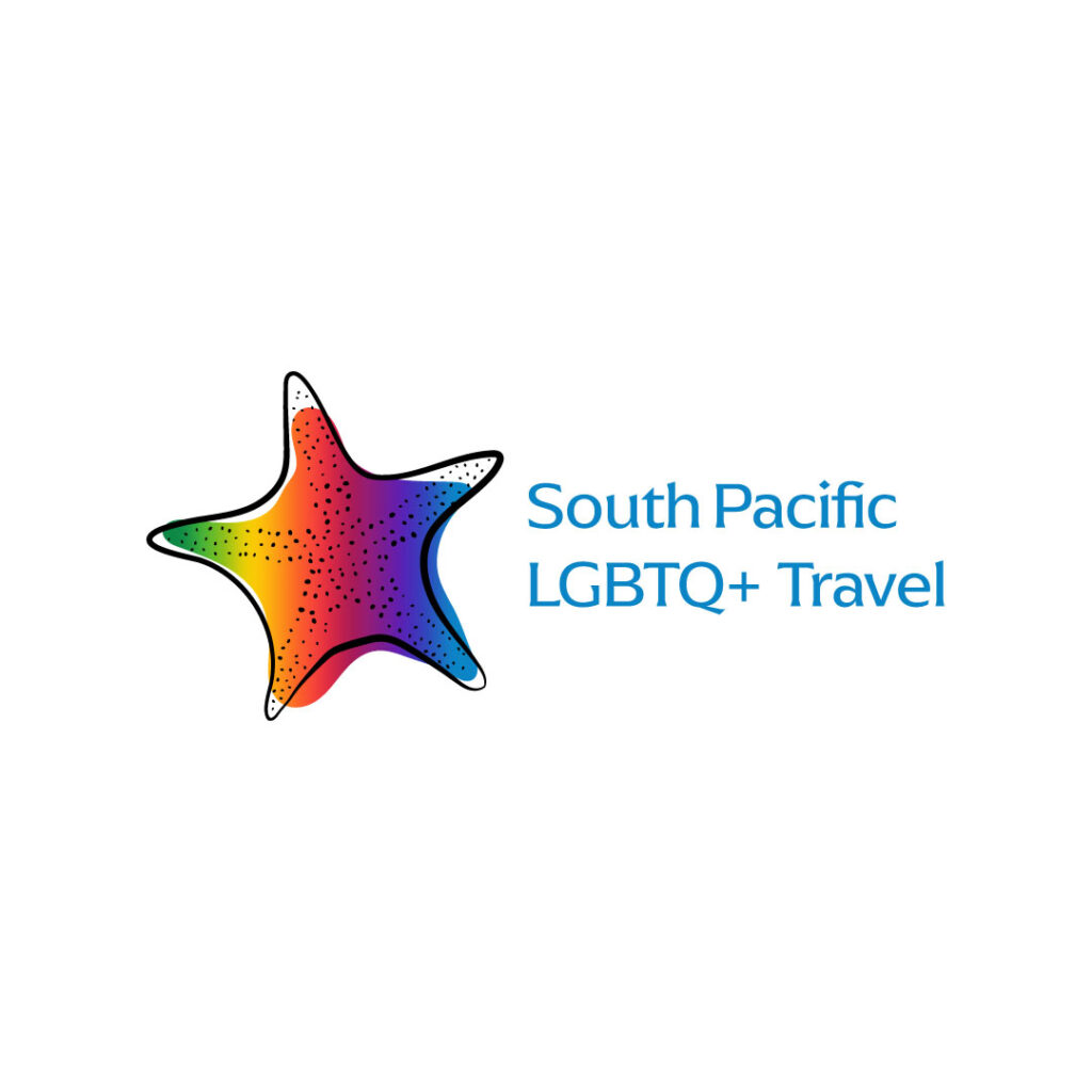 Logo version B-with type. On the left, a stylized vector starfish shape in black, filled in with a rainbow gradient. To the right "South Pacific / LBGTQ+ Travel" in a classic serif typeface in turquoise blue.