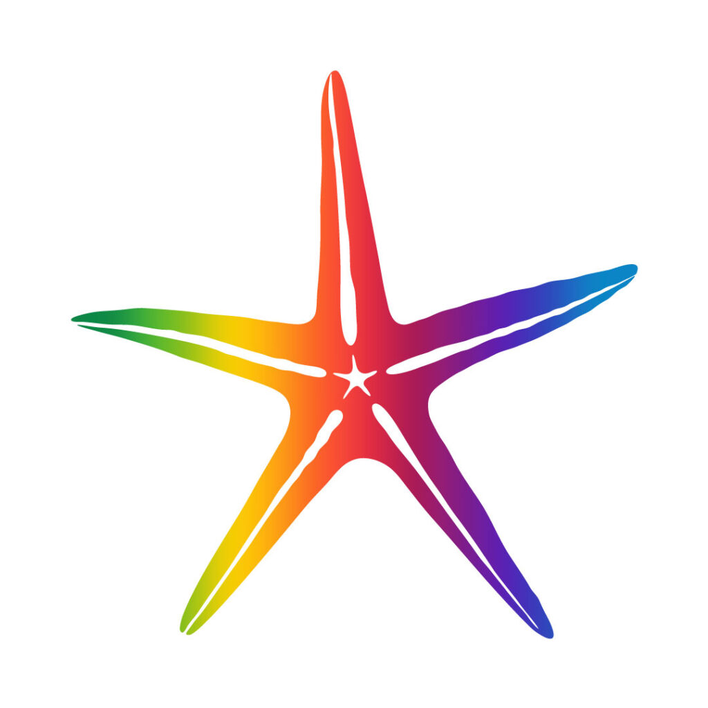 Logo version C-rainbow regular. Slender vector starfish shape filled in with a rainbow gradient.