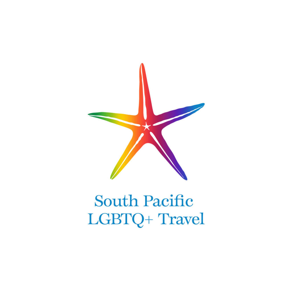 Logo version C-with type. Centered, a slender vector starfish shape filled in with a rainbow gradient. Below it, "South Pacific / LBGTQ+ Travel" in a classic serif typeface in turquoise blue.