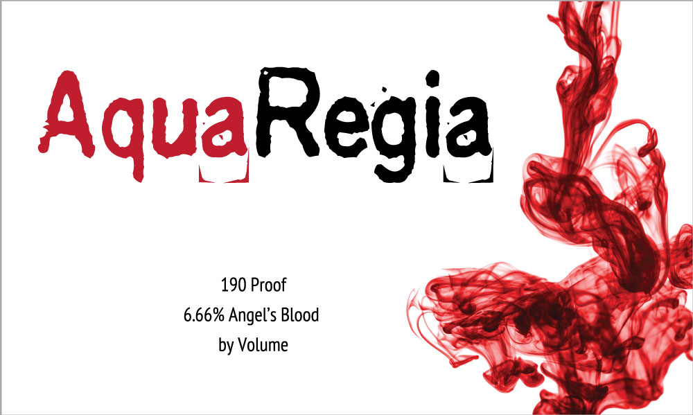 Horizontal rectangular white label with thin, light gray border. On top left, "Aqua" in blood-red and "Regia" in black; both large distressed type. Centered underneath, "190 Proof / Angel's Blood / by Volume" in black condensed sans serif type on 3 lines. On right-hand side, image of blood-red liquid suspended in water.