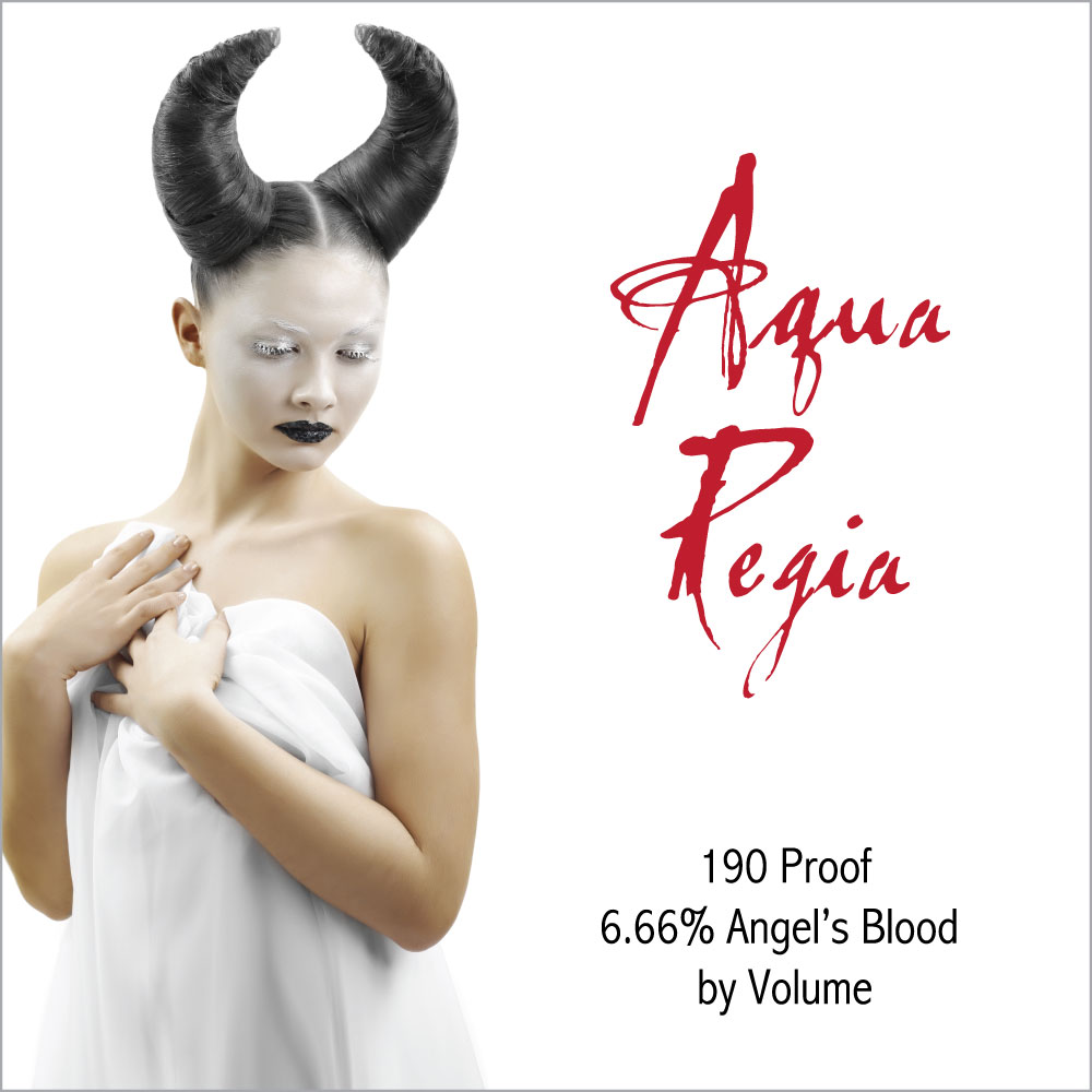 Square white label with thin, light gray border. On left, image of devil woman: light-skinned Asian woman holding a wrapped sheet to her chest. She wears a headdress made of large horns wrapped with her straight black hair. On right, "Aqua / Regia" in messy blood-red antique script on 2 lines. Centered underneath that, "190 Proof / Angel's Blood by Volume" in small black sans serif type on 3 lines.