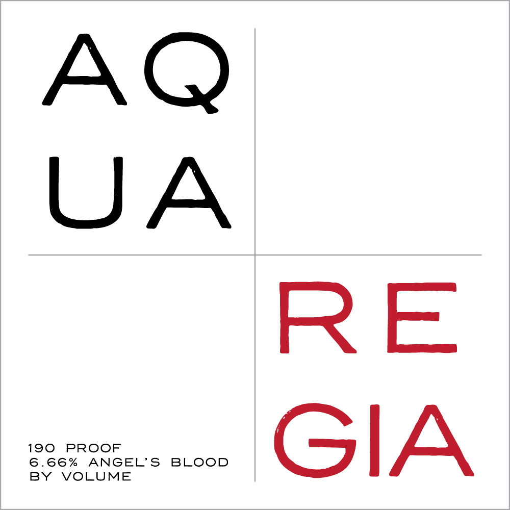 Square white label with light gray outline. Label is bisected by thin, gray horizontal and vertical rules. Upper left quadrant: "AQ / UA" in large black all-caps on 2 lines. Upper right quadrant: blank. Lower left quadrant: "190 PROOF / 6.66% ANGEL'S BLOOD / BY VOLUME" in small black all-caps on 3 lines. Lower right quadrant: "RE / GIA" in large dark red all-caps on 2 lines.
