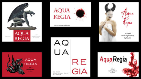 On a black background: 6 versions of the "Aqua Regia" bottle label