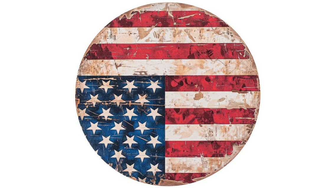 An illustration of a circular section of an American flag with the white stars on a blue background at the lower left, i.e. from a flipped flag. Illustration is in a "grunge" style.