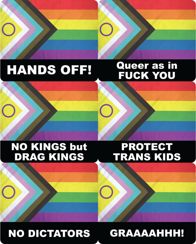 Peel-off stickers, 6 on a page (2 across, 3 down). Each sticker has a Progress Pride flag background with a black bar at the bottom. All caps white type in the black bar: "HANDS OFF!"; QUEER AS IN FUCK YOU"; "NO KINGS BUT DRAG KINGS"; "PROTECT TRANS KIDS"; "NO DICTATORS"; " GRAAAAHHH!"
