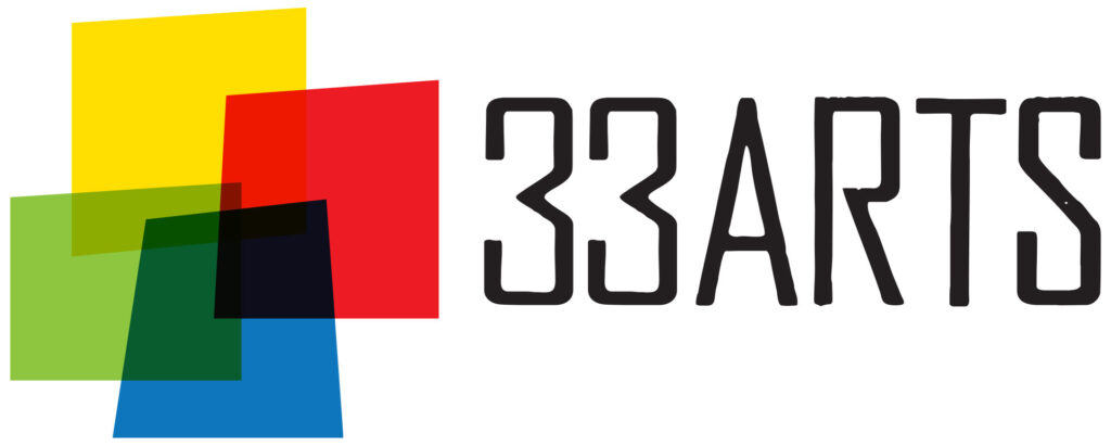 Four irregularly shaped four-sided areas of color (yellow, red, blue and green) overlap to create additional colors. To the right, "33ARTS" in black all-caps type in a dramatic sans serif typeface.