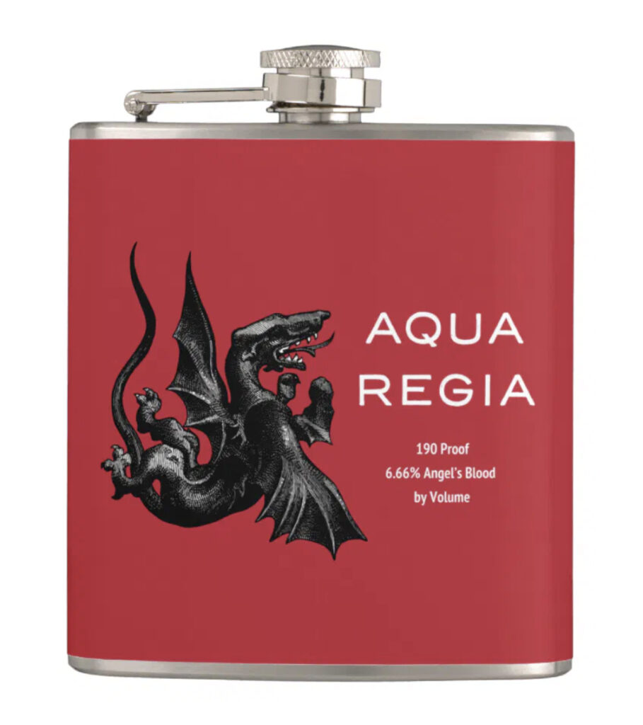 Stainless steel hip flask with Aqua Regia logo on red background