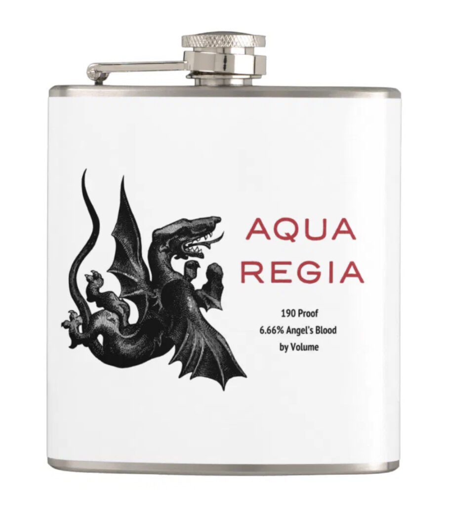 Stainless steel hip flask with Aqua Regia logo on white background