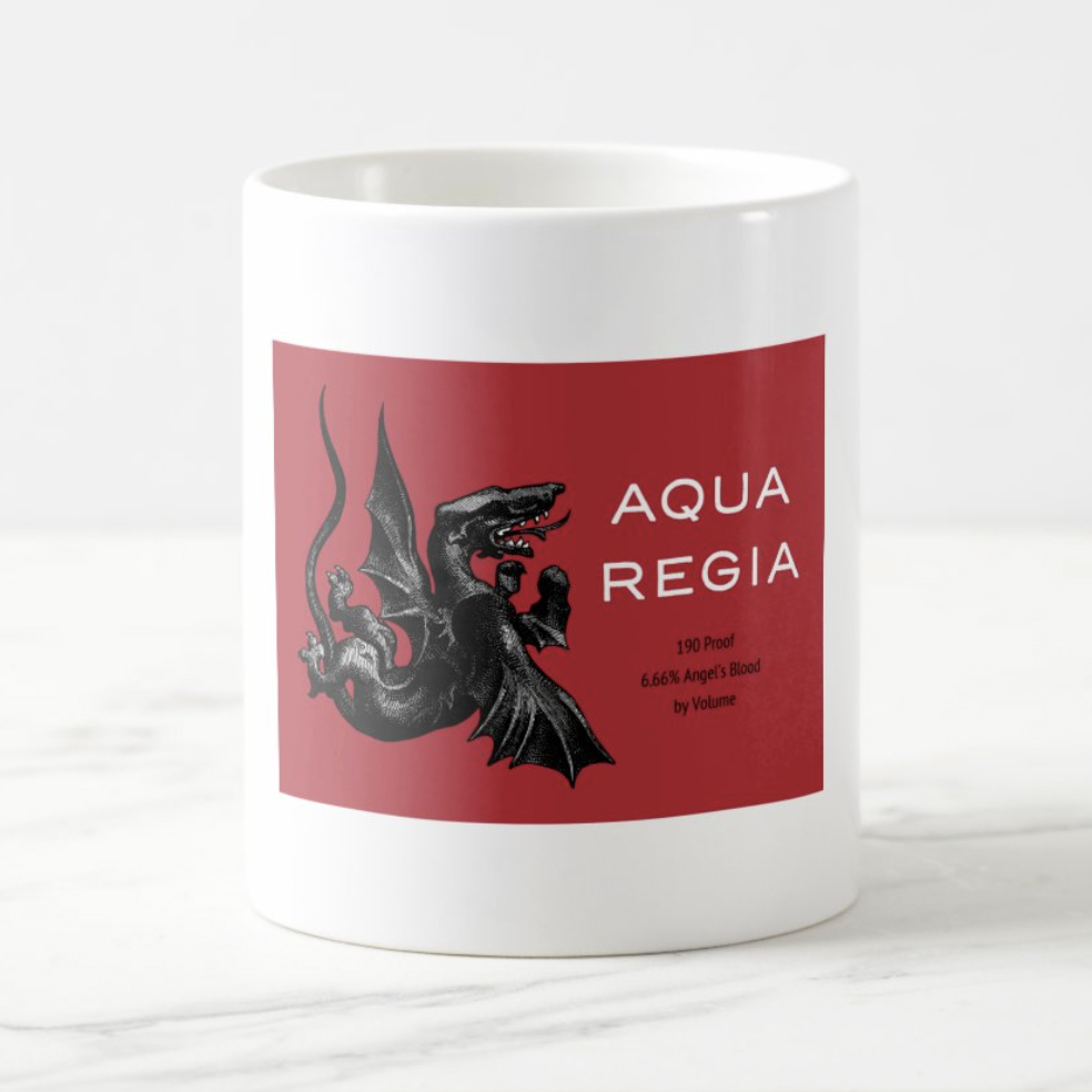 Aqua Regia logo on white mug, center view