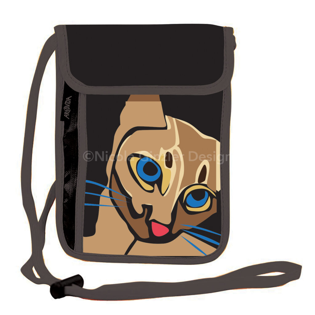 Bag with flap and long strap with closeup of cat image on white background. Cut paper-style digital abstract illustration of a head of cat in browns and tans, with blue eyes and a pink nose, on a black background.