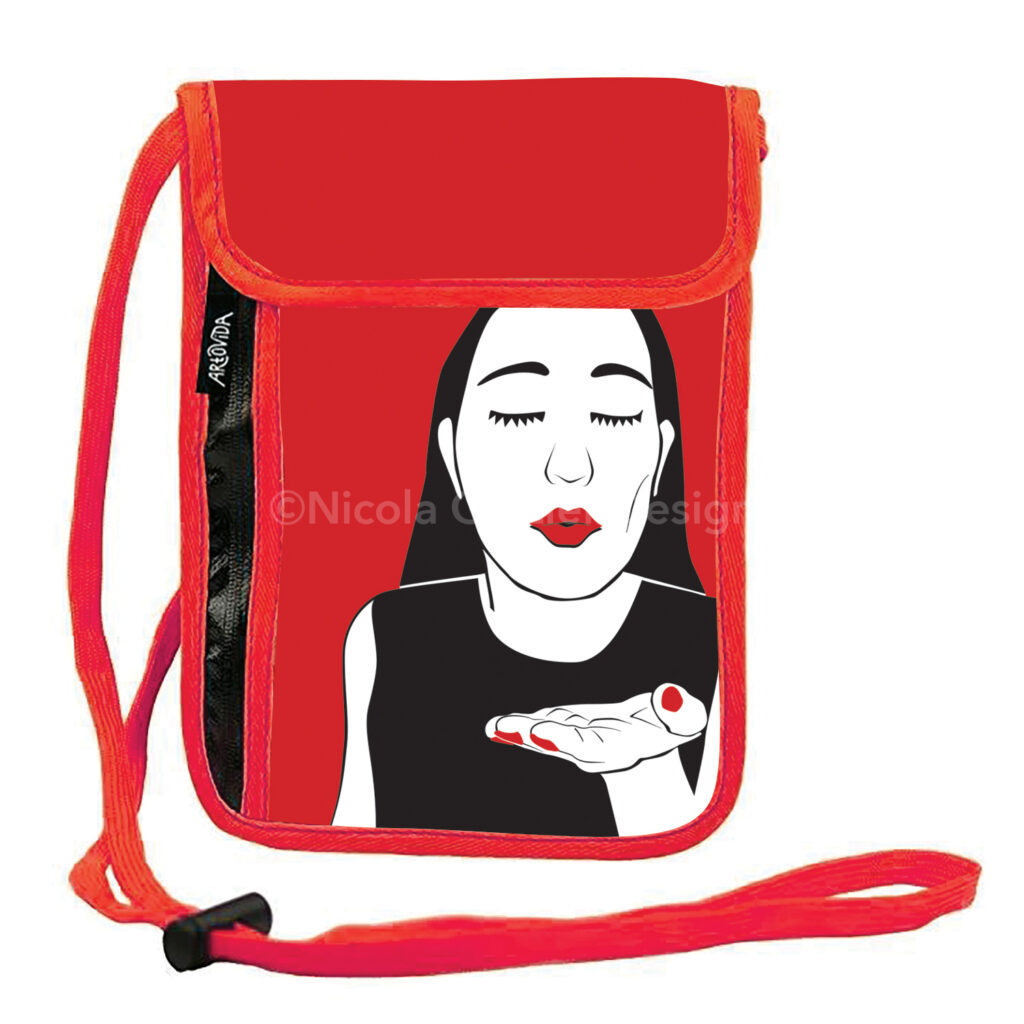 Bag with flap and long strap with woman image on white background. Cut paper-style digital illustration in black, red and white of a woman from the chest up, blowing a kiss at the viewer.