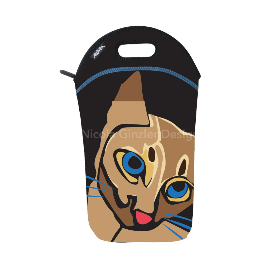 Vertical beverage tote with cat image, against a white background. Cut paper-style digital abstract illustration of a head of cat in browns and tans, with blue eyes and a pink nose, on a black background.