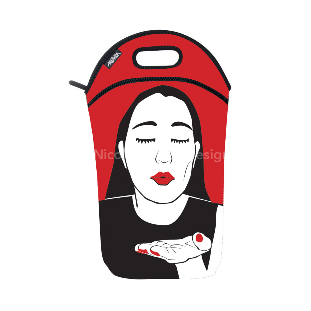 Vertical beverage tote with woman image, against a white background. Cut paper-style digital illustration in black, red and white of a woman from the chest up, blowing a kiss at the viewer.