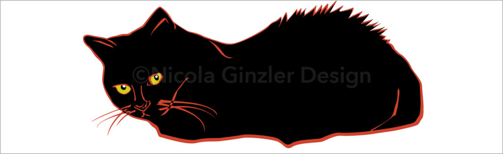 Cut paper-style digital illustration of a black cat lying down, looking directly at the viewer. The cat has a jagged red outline, yellow-green eyes, and red whiskers. Under her is red serif text: "Lucy wonders if you taste good."