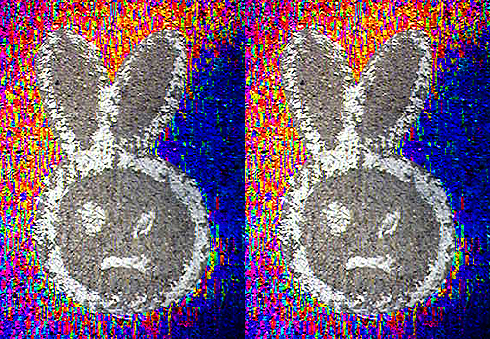 Horizontal rectangle with repeating pattern. Photo of stylized bunny face and ears, drawn in chalk on a sidewalk, with heavily pixelated background in saturated speckled yellows and blues.