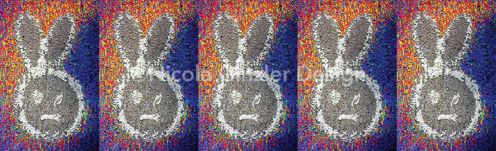 Horizontal rectangle with repeating pattern. Photo of stylized bunny face and ears, drawn in chalk on a sidewalk, with heavily pixelated background in saturated speckled yellows and blues.