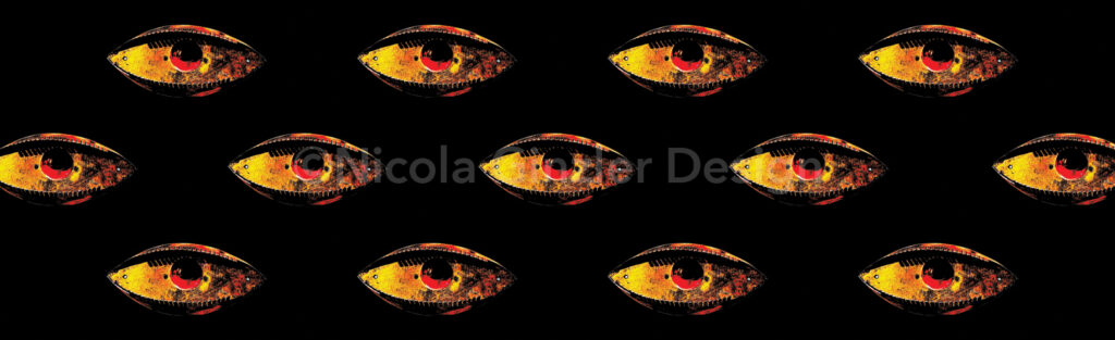 Horizontal rectangle with a black background. Repeating staggered pattern of a posterized photo of a copper eye with a clear red plastic half-sphere for an iris.
